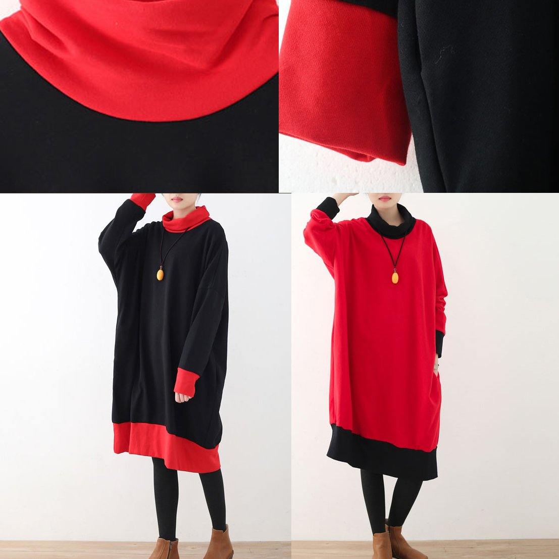 baggy black long linen dress plus size high neck long cotton dresses vintage patchwork dresses - Omychic