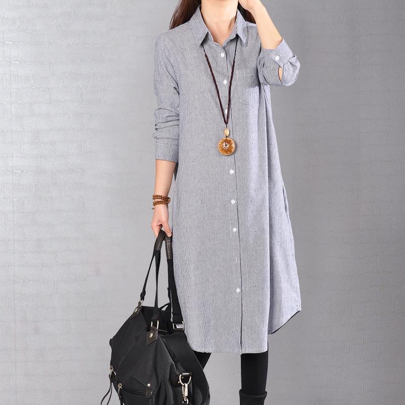 baggy blue Midi-length linen dress oversize linen shirts dresses boutique lapel collar striped cotton clothing - Omychic