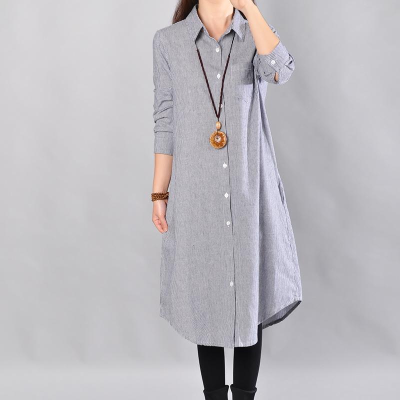 baggy blue Midi-length linen dress oversize linen shirts dresses boutique lapel collar striped cotton clothing - Omychic