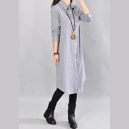 baggy blue Midi-length linen dress oversize linen shirts dresses boutique lapel collar striped cotton clothing - Omychic