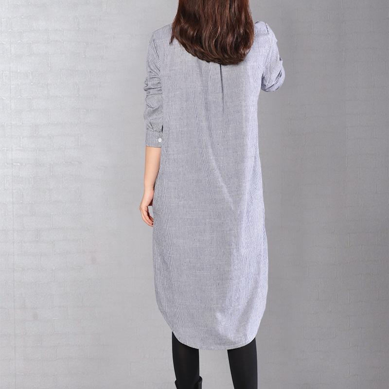 baggy blue Midi-length linen dress oversize linen shirts dresses boutique lapel collar striped cotton clothing - Omychic