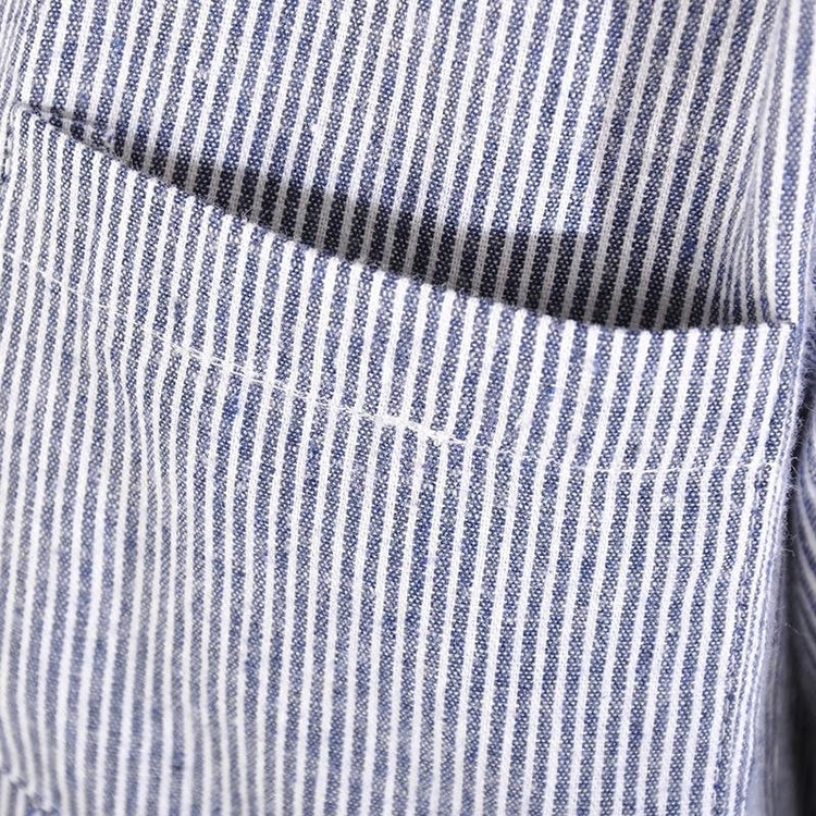 baggy blue Midi-length linen dress oversize linen shirts dresses boutique lapel collar striped cotton clothing - Omychic