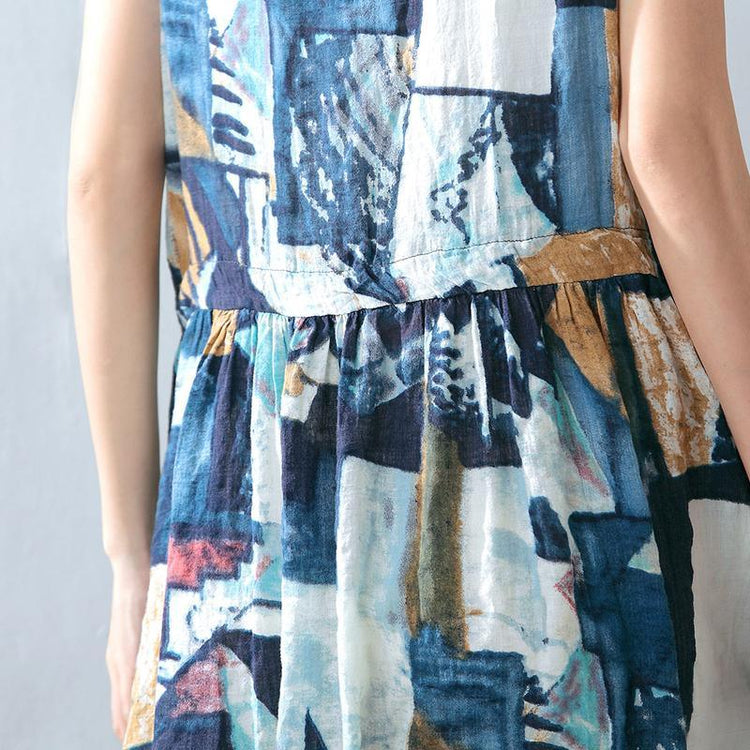 baggy blue cotton dresses oversized prints traveling dress casual sleeveless maxi dress - Omychic