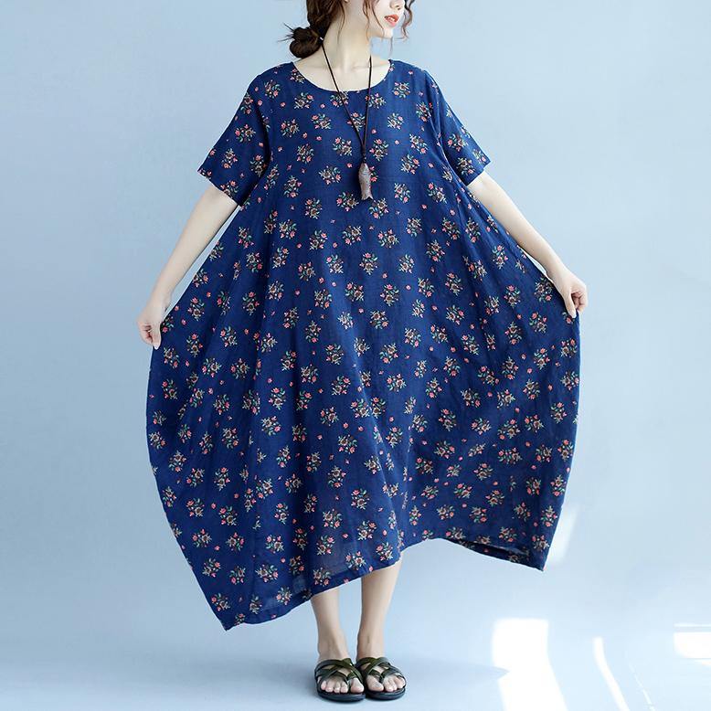 baggy blue floral  cotton dresses oversize short sleeve cotton dresses vintage big hem gown - Omychic