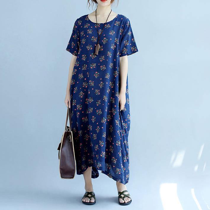 baggy blue floral  cotton dresses oversize short sleeve cotton dresses vintage big hem gown - Omychic