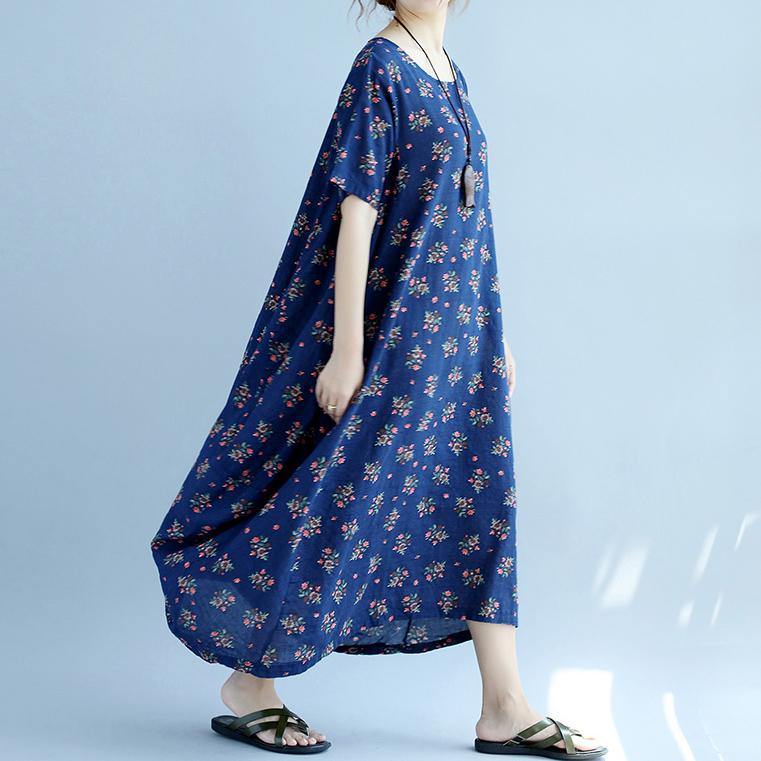 baggy blue floral  cotton dresses oversize short sleeve cotton dresses vintage big hem gown - Omychic