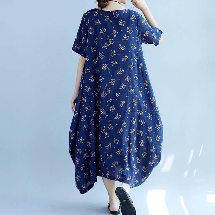 baggy blue floral  cotton dresses oversize short sleeve cotton dresses vintage big hem gown - Omychic