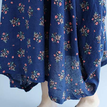 baggy blue floral  cotton dresses oversize short sleeve cotton dresses vintage big hem gown - Omychic