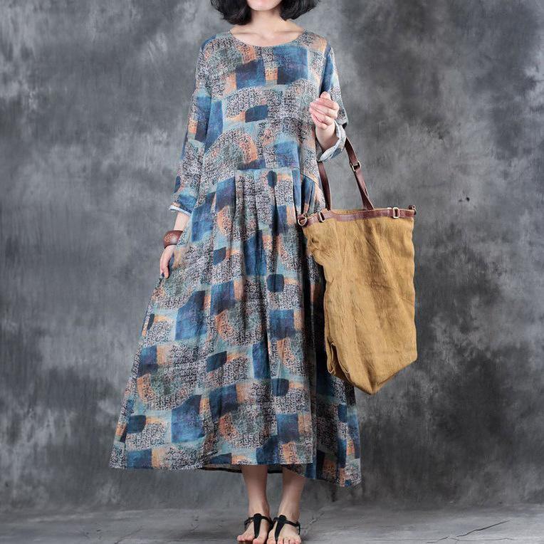 baggy blue prints Chiffon maxi dress Loose fitting waist drawstring traveling dress New o neck caftans - Omychic