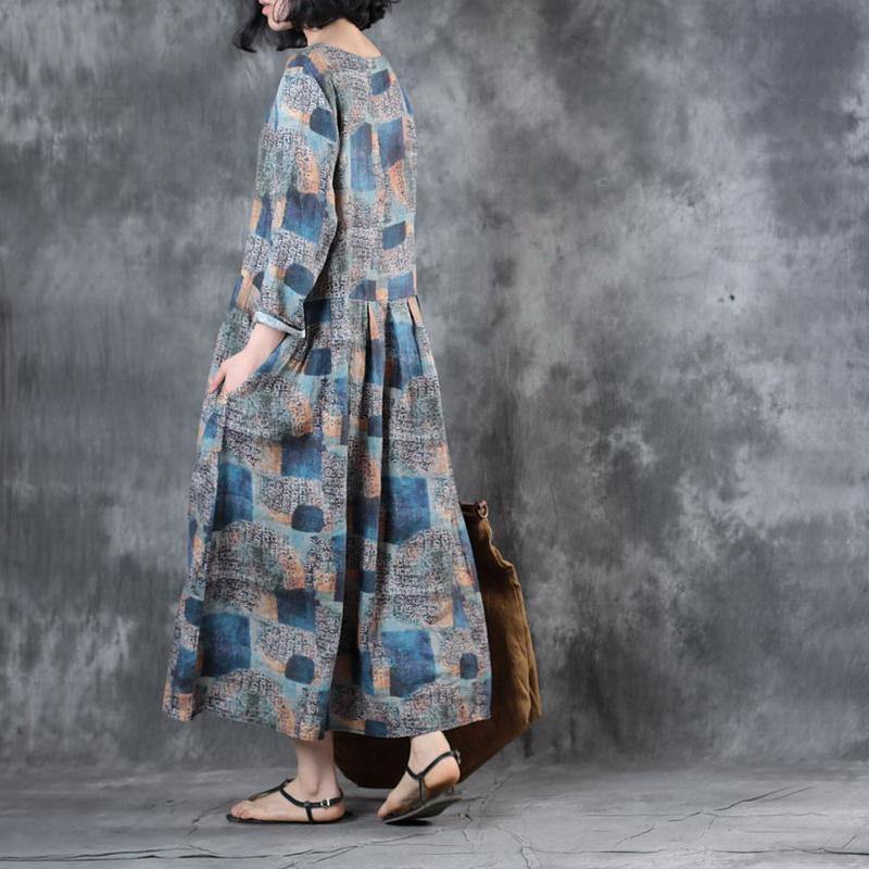 baggy blue prints Chiffon maxi dress Loose fitting waist drawstring traveling dress New o neck caftans - Omychic