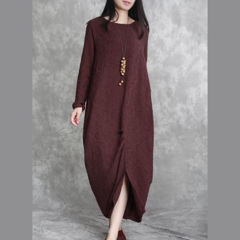 baggy burgundy jacquard  linen dresses oversized asymmetric cotton dresses casual front side open linen dresses - Omychic