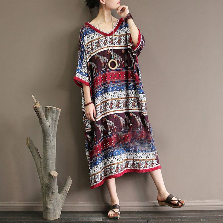 baggy cotton dress Loose fitting Ethnic Printed 12 Sleeve V Neck Summer Dress - Omychic