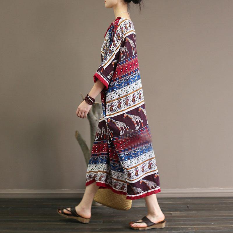 baggy cotton dress Loose fitting Ethnic Printed 12 Sleeve V Neck Summer Dress - Omychic