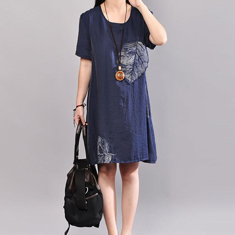 baggy cotton knee dress Omychic Casual Round Neck Short Sleeve Navy Blue Short Dress - Omychic