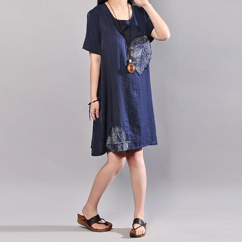 baggy cotton knee dress Omychic Casual Round Neck Short Sleeve Navy Blue Short Dress - Omychic