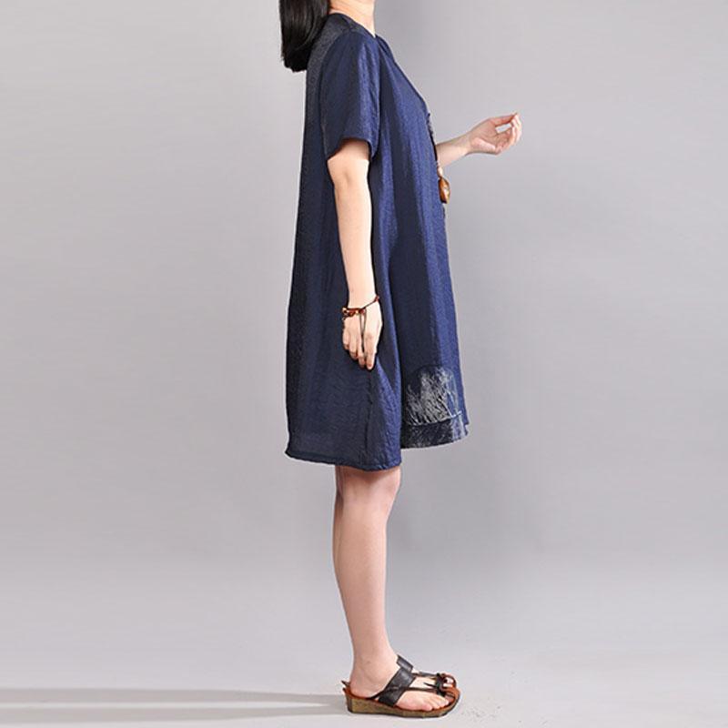 baggy cotton knee dress Omychic Casual Round Neck Short Sleeve Navy Blue Short Dress - Omychic