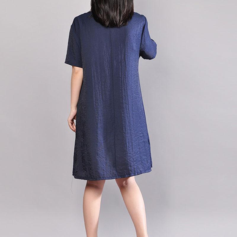 baggy cotton knee dress Omychic Casual Round Neck Short Sleeve Navy Blue Short Dress - Omychic