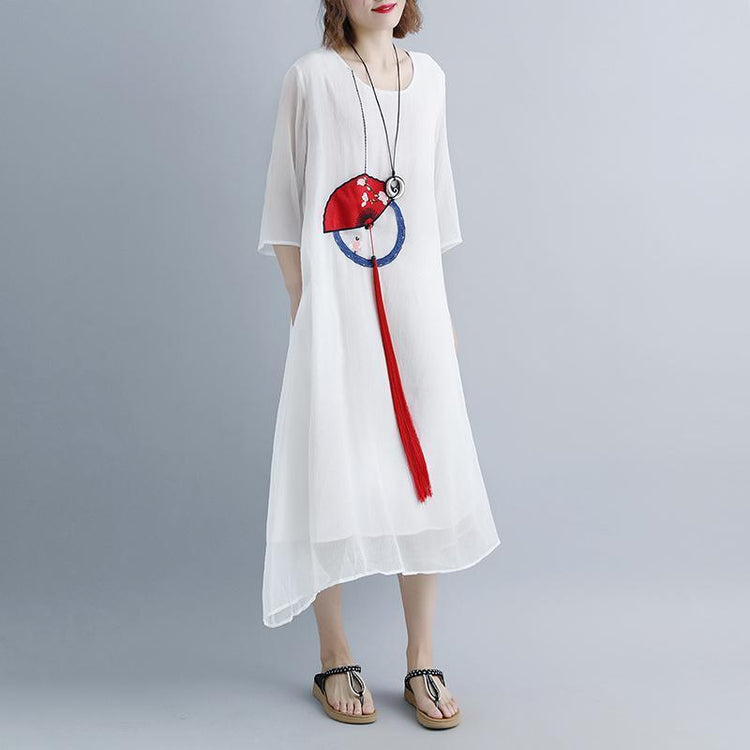 baggy cotton maxi dress oversized White Summer Fake Two-piece Pockets Retro Tassel Dress - Omychic