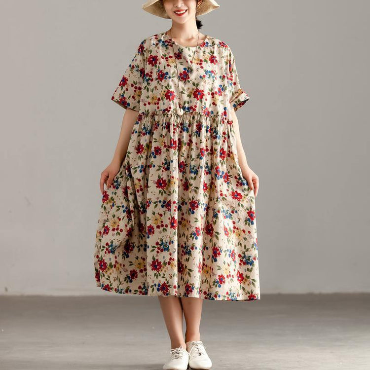 baggy cotton maxi dress plus size clothing Casual Short Sleeve Pockets Floral Lacing Pleated Dress - Omychic