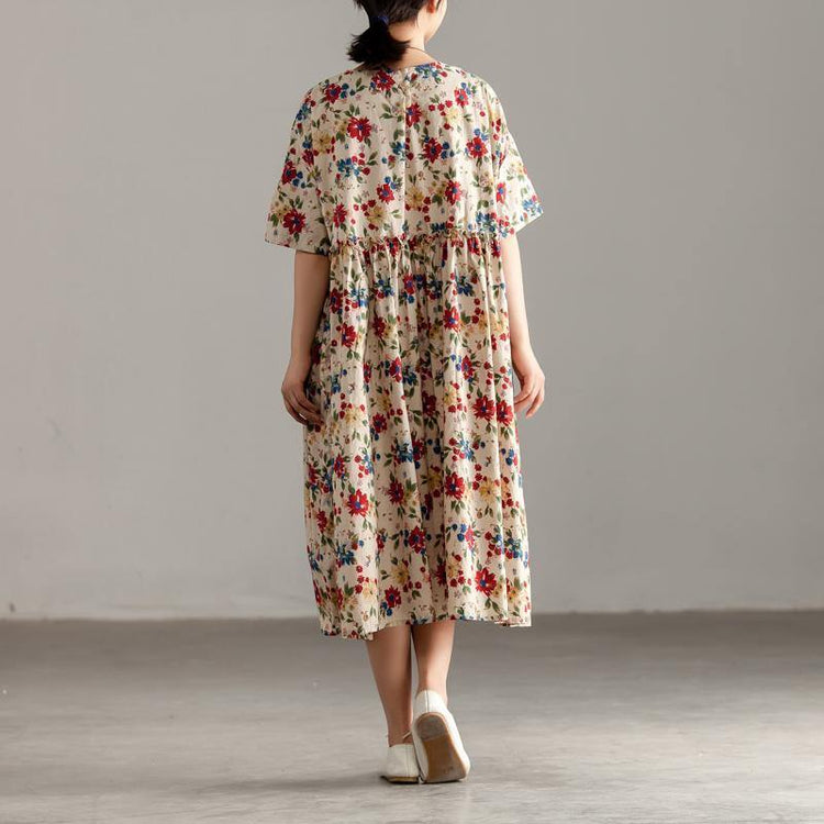 baggy cotton maxi dress plus size clothing Casual Short Sleeve Pockets Floral Lacing Pleated Dress - Omychic