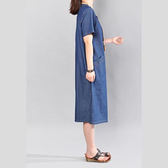 baggy denim blue linen dress plus size clothing short sleeve cotton dresses Fine embroidery caftans - Omychic