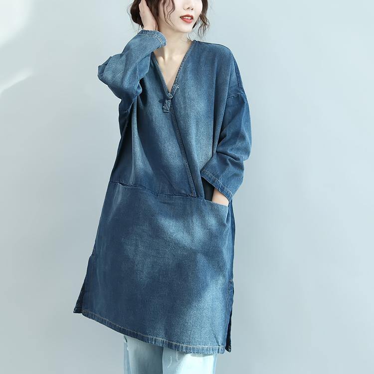baggy denim blue natural cotton dress plus size linen maxi dress 2018 V neck long sleeve cotton clothing dresses - Omychic