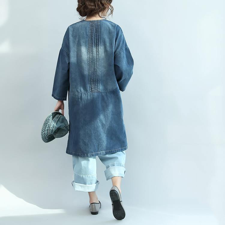 baggy denim blue natural cotton dress plus size linen maxi dress 2018 V neck long sleeve cotton clothing dresses - Omychic