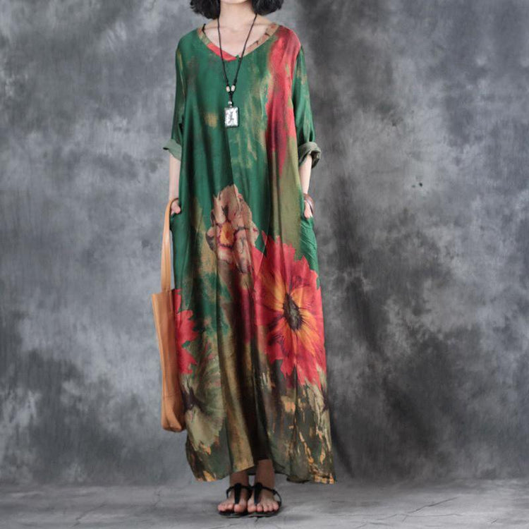 baggy green floral chiffon dresses plus size clothing v neck traveling clothing casual bracelet sleeved kaftans - Omychic