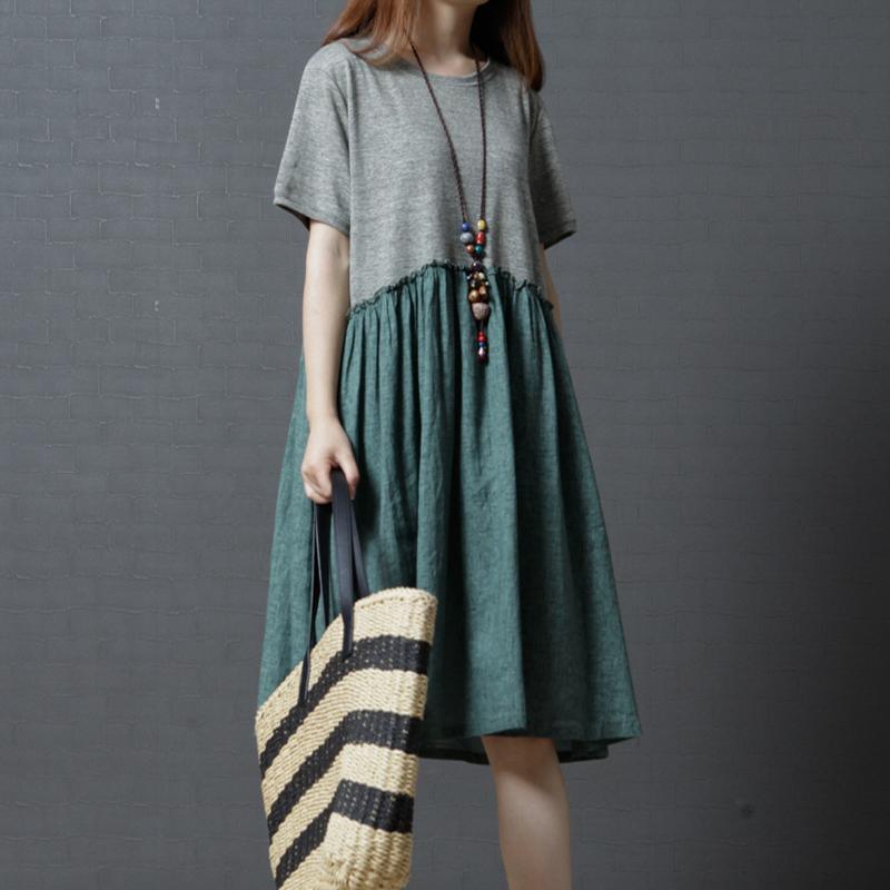 baggy green patchwork linen dresses loose slim sundress short sleeve shift dress - Omychic