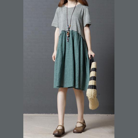 baggy green patchwork linen dresses loose slim sundress short sleeve shift dress - Omychic