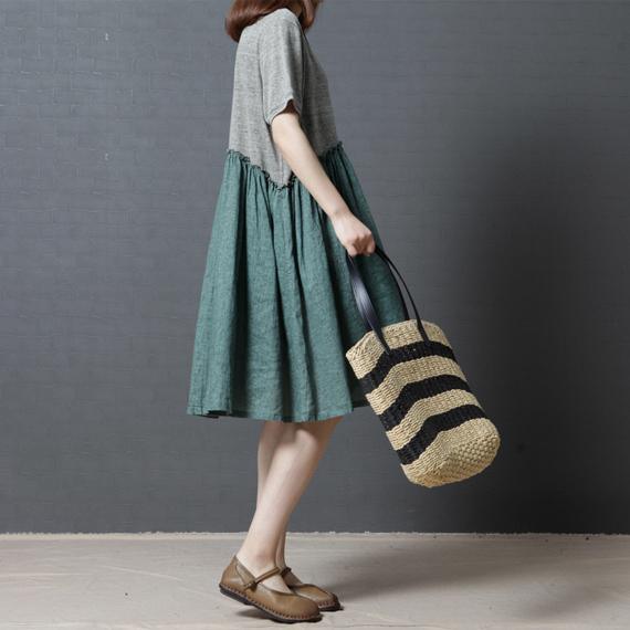 baggy green patchwork linen dresses loose slim sundress short sleeve shift dress - Omychic