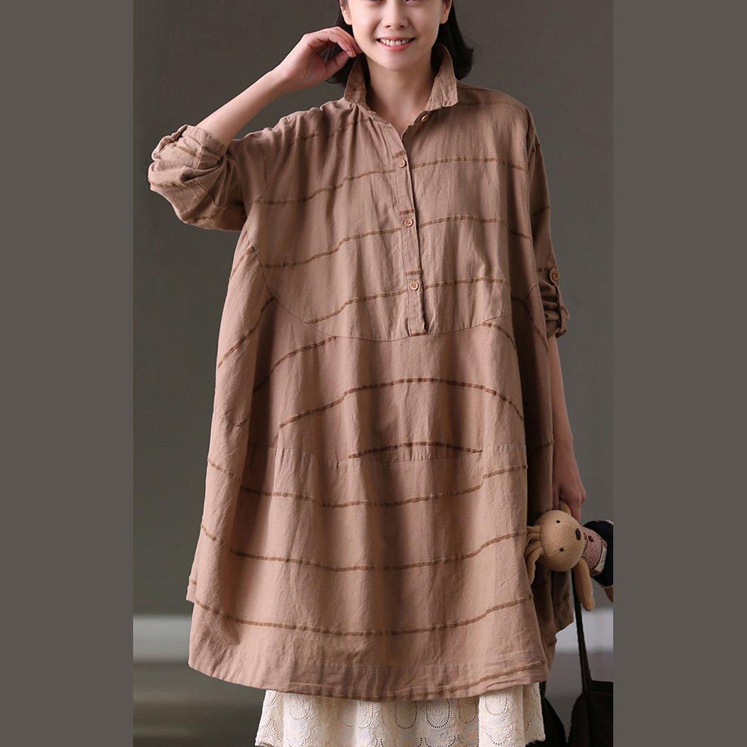 baggy khaki  Midi linen dresses oversized traveling clothing casual patchwork striped linen dresses - Omychic