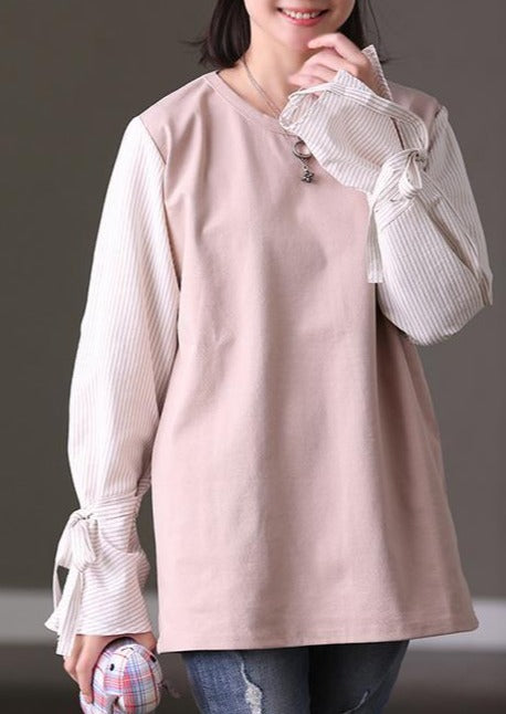 Baggy Khaki Linen Loose Fitting Linen Clothing Blouses Boutique O Neck Patchwork Linen T Shirt - Omychic