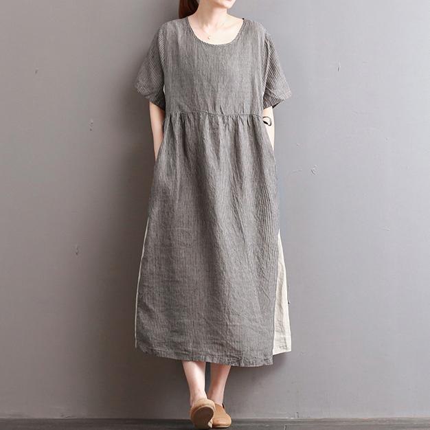 baggy light gray striped long linen dresses oversize patchwork gown vintage kaftans - Omychic