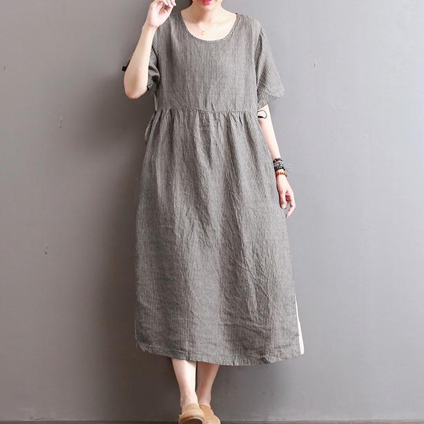 baggy light gray striped long linen dresses oversize patchwork gown vintage kaftans - Omychic