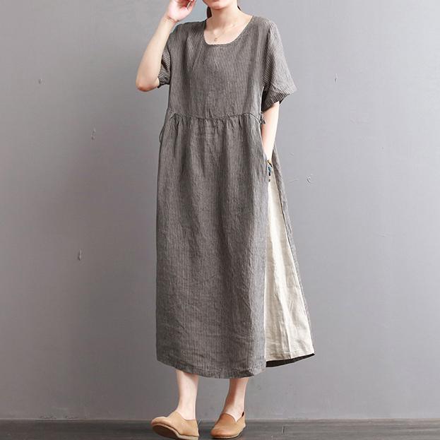 baggy light gray striped long linen dresses oversize patchwork gown vintage kaftans - Omychic