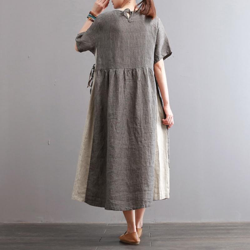 baggy light gray striped long linen dresses oversize patchwork gown vintage kaftans - Omychic