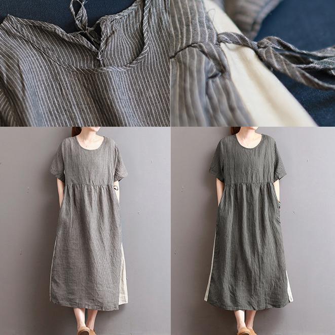 baggy light gray striped long linen dresses oversize patchwork gown vintage kaftans - Omychic