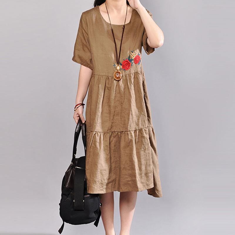 baggy linen dresses plus size clothing Embroidered Round Neck Short Sleeve Flax Coffee Dress - Omychic