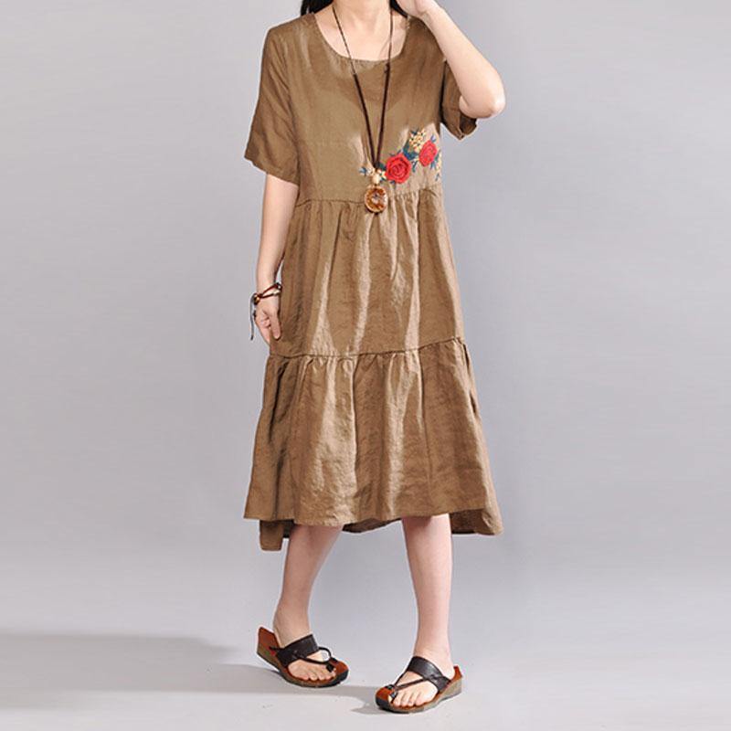 baggy linen dresses plus size clothing Embroidered Round Neck Short Sleeve Flax Coffee Dress - Omychic