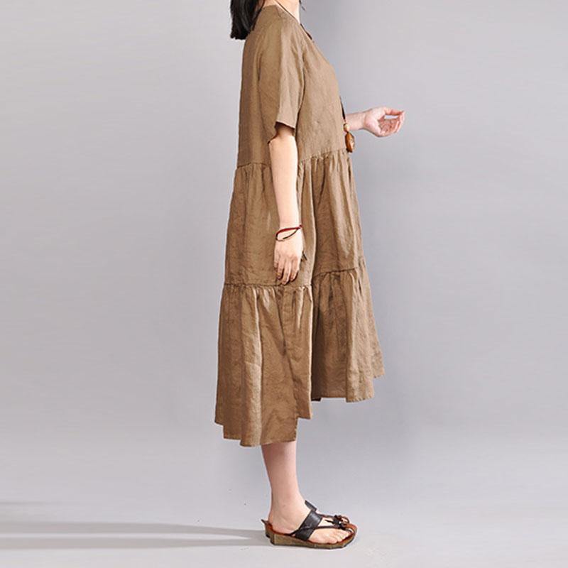 baggy linen dresses plus size clothing Embroidered Round Neck Short Sleeve Flax Coffee Dress - Omychic