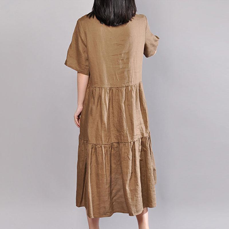baggy linen dresses plus size clothing Embroidered Round Neck Short Sleeve Flax Coffee Dress - Omychic