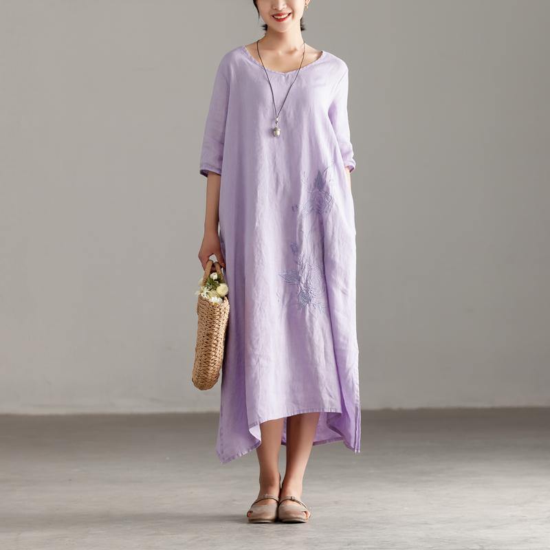 baggy long linen dress plus size Casual Pleated Short Sleeve Embroidery Summer Light Purple Dress - Omychic