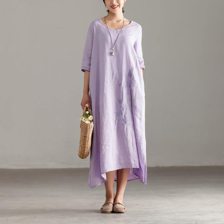 baggy long linen dress plus size Casual Pleated Short Sleeve Embroidery Summer Light Purple Dress - Omychic