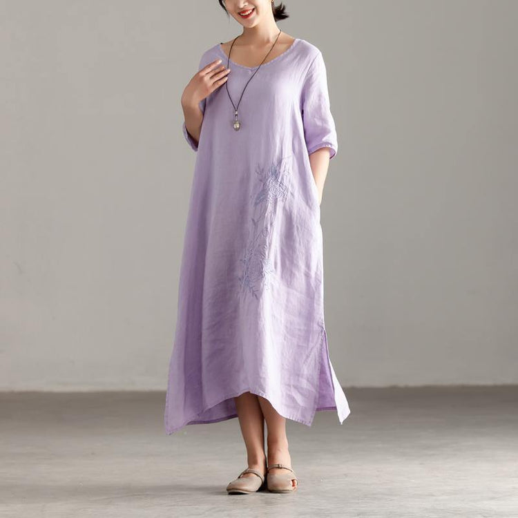 baggy long linen dress plus size Casual Pleated Short Sleeve Embroidery Summer Light Purple Dress - Omychic