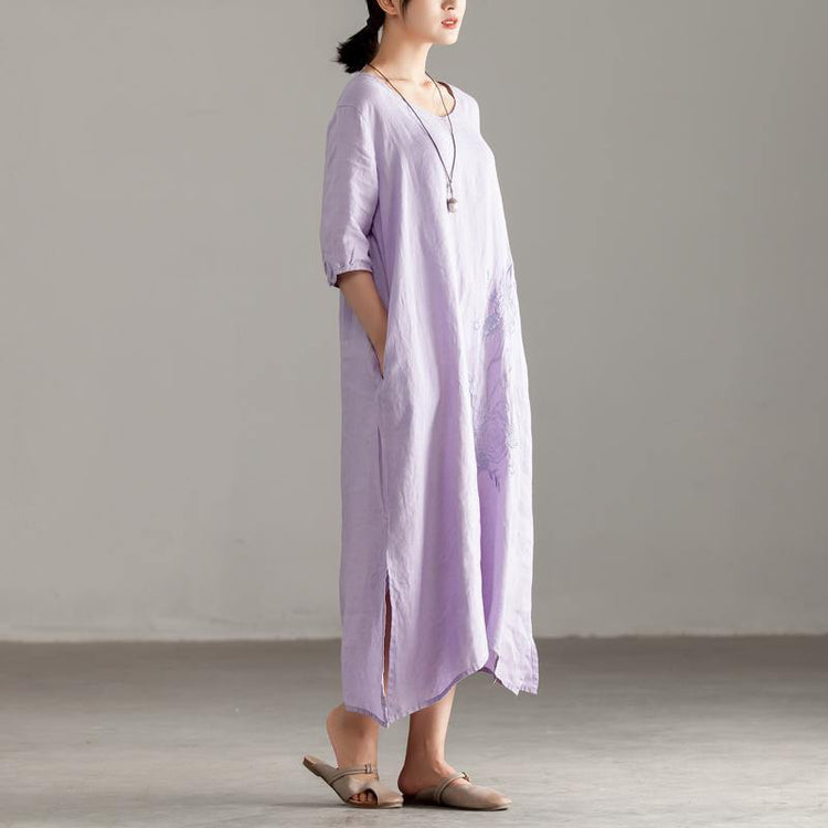 baggy long linen dress plus size Casual Pleated Short Sleeve Embroidery Summer Light Purple Dress - Omychic