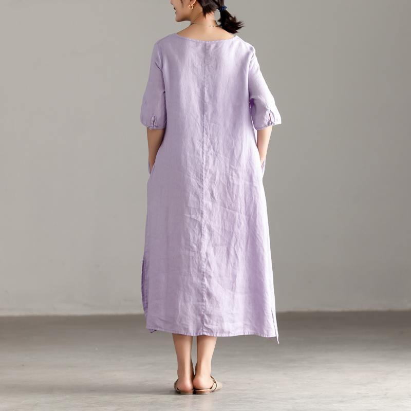 baggy long linen dress plus size Casual Pleated Short Sleeve Embroidery Summer Light Purple Dress - Omychic