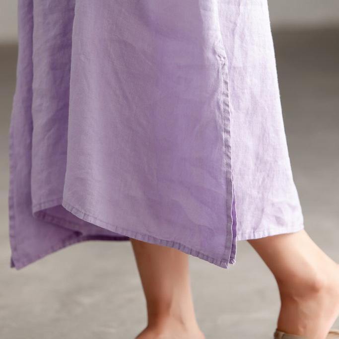 baggy long linen dress plus size Casual Pleated Short Sleeve Embroidery Summer Light Purple Dress - Omychic