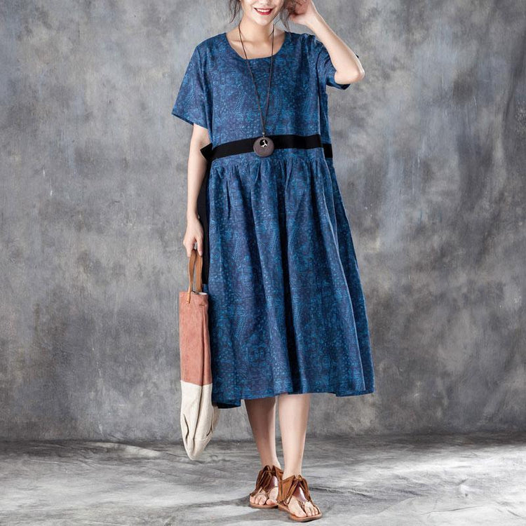 baggy long linen dresses Loose fitting Printed Lacing Short Sleeve Dresses Blue Pleated Dress - Omychic