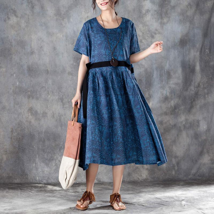 baggy long linen dresses Loose fitting Printed Lacing Short Sleeve Dresses Blue Pleated Dress - Omychic